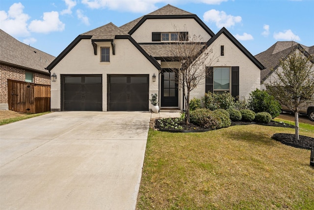 french country inspired facade with brick siding, driveway, a front yard, and roof with shingles