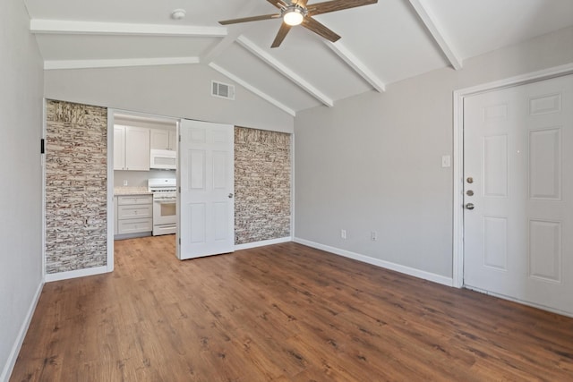 interior space with visible vents, dark wood-type flooring, baseboards, lofted ceiling with beams, and a ceiling fan