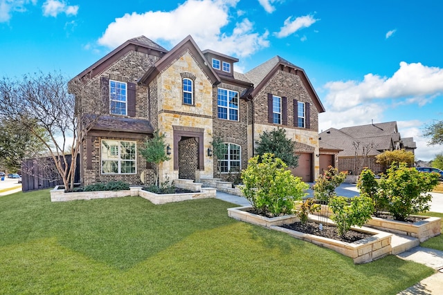 view of front of property featuring stone siding, an attached garage, a front lawn, and a garden
