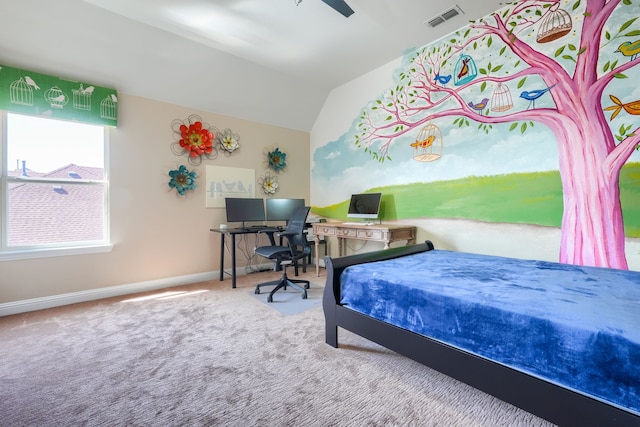 bedroom featuring vaulted ceiling, baseboards, carpet floors, visible vents, and a ceiling fan