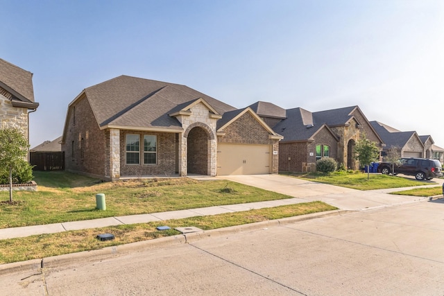 french country home with brick siding, a shingled roof, a front yard, a garage, and driveway