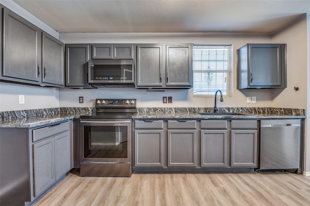 kitchen featuring a sink, stainless steel appliances, gray cabinetry, and light wood finished floors