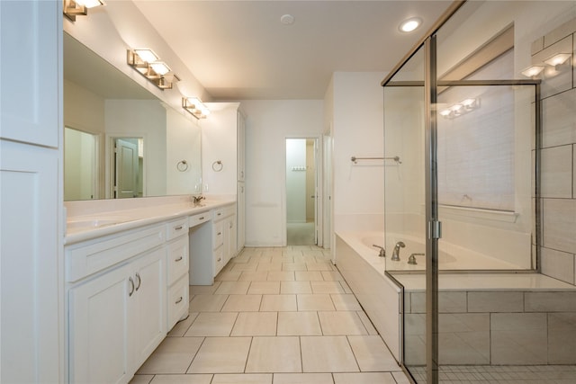 1505 Valley Creek Rd, Denton, TX 76205 - full bath featuring double vanity, a garden tub, tile patterned flooring, a shower with door, and recessed lighting