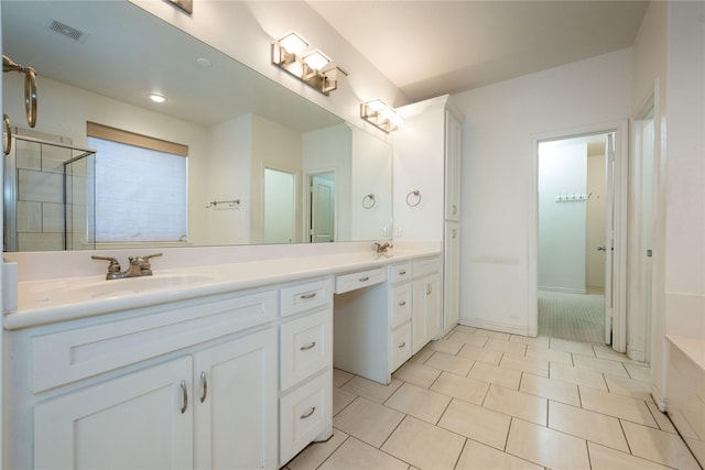 1505 Valley Creek Rd, Denton, TX 76205 - full bathroom featuring double vanity, tile patterned flooring, and an enclosed shower