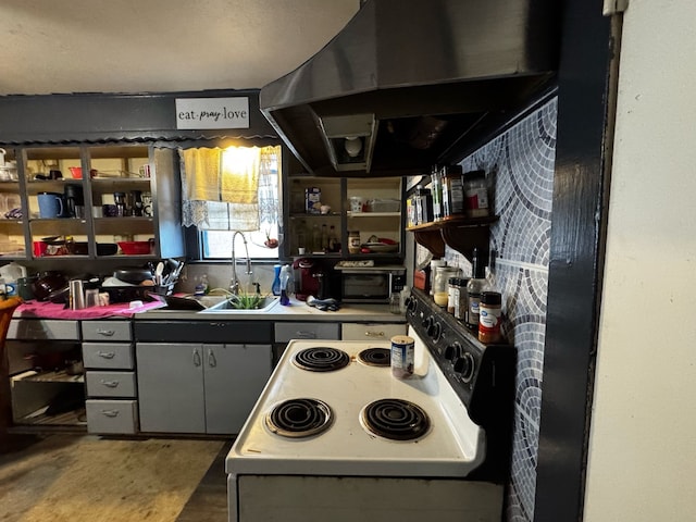 kitchen with open shelves, exhaust hood, and a sink