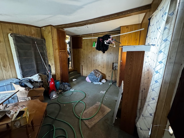 interior space featuring wooden walls