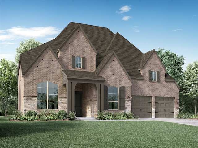 view of front of home with brick siding, concrete driveway, a front yard, roof with shingles, and a garage