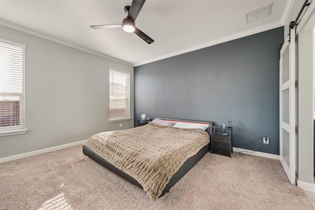 9032 Weepy Hollow Trl, Fort Worth, TX 76179 - carpeted bedroom with visible vents, a barn door, baseboards, and ornamental molding
