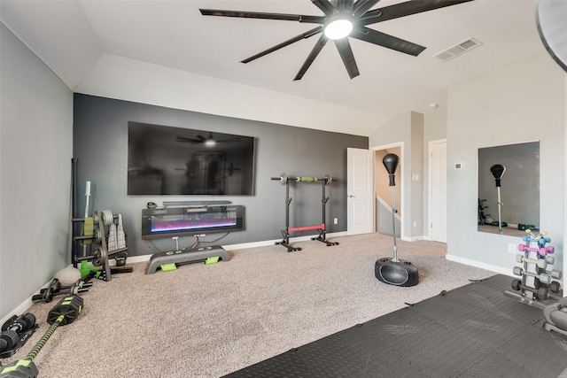 9032 Weepy Hollow Trl, Fort Worth, TX 76179 - exercise area with visible vents, carpet floors, baseboards, ceiling fan, and vaulted ceiling
