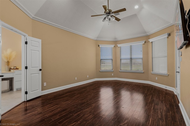 477 Horseshoe Bnd, Royse City, TX 75189 - empty room with ceiling fan, vaulted ceiling, hardwood / wood-style floors, and crown molding