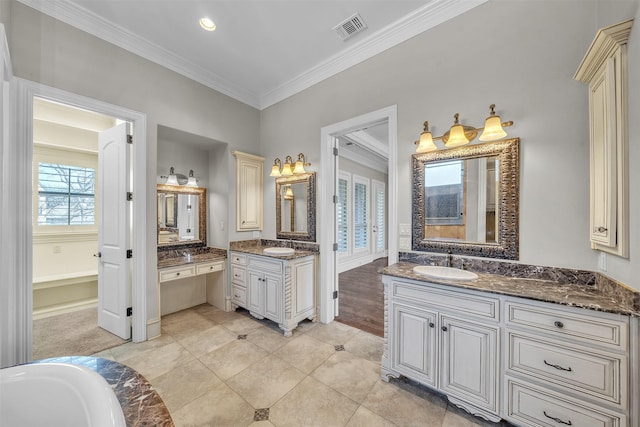 2909 Canyon Creek Dr, Sherman, TX 75092 - full bath with crown molding, two vanities, tile patterned floors, and a tub to relax in