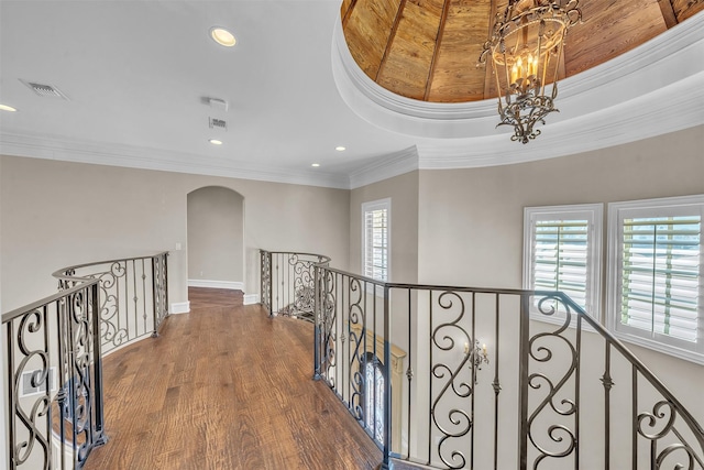 2909 Canyon Creek Dr, Sherman, TX 75092 - hallway featuring an upstairs landing, a chandelier, plenty of natural light, ornamental molding, and recessed lighting
