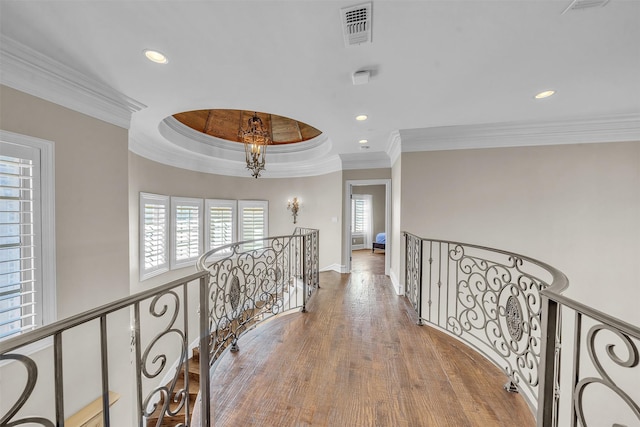 2909 Canyon Creek Dr, Sherman, TX 75092 - corridor with an upstairs landing, recessed lighting, wood finished floors, and ornamental molding