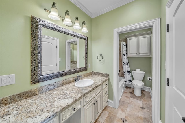 2909 Canyon Creek Dr, Sherman, TX 75092 - bathroom featuring vanity, ornamental molding, and shower / tub combo with curtain