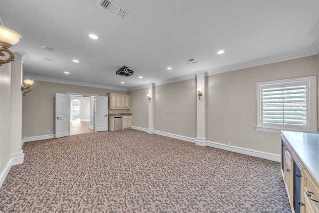 2909 Canyon Creek Dr, Sherman, TX 75092 - unfurnished living room featuring light colored carpet, recessed lighting, and crown molding