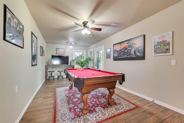 rec room featuring pool table, baseboards, a ceiling fan, and wood finished floors