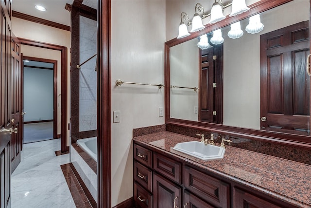 bathroom with crown molding, vanity, marble finish floor, a shower, and a relaxing tiled tub