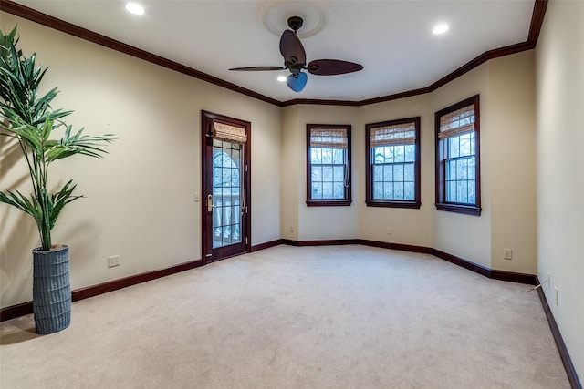 unfurnished room with a ceiling fan, baseboards, light colored carpet, and recessed lighting