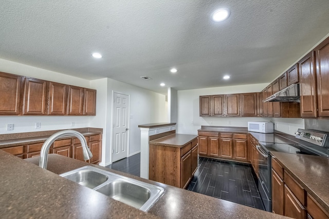 2444 Horseback Trl, Fort Worth, TX 76177 - kitchen featuring stainless steel range with electric cooktop, under cabinet range hood, a sink, dark countertops, and recessed lighting
