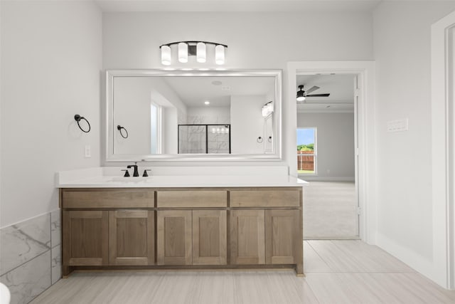 7127 Seagrove Ct, Grand Prairie, TX 75054 - full bathroom featuring vanity, tiled shower, and a ceiling fan