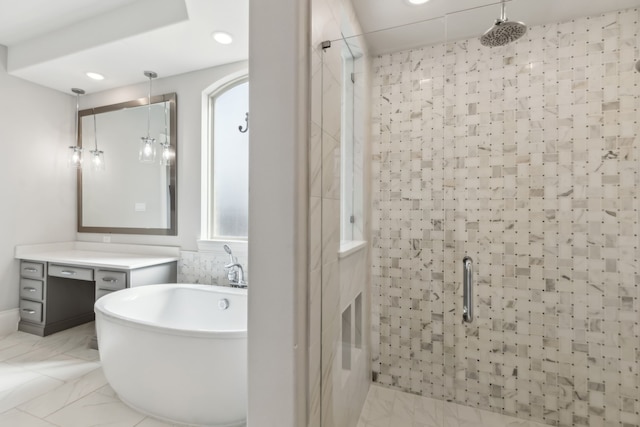 3668 Torrance Blvd, Frisco, TX 75034 - bathroom featuring vanity, marble finish floor, recessed lighting, a soaking tub, and a stall shower