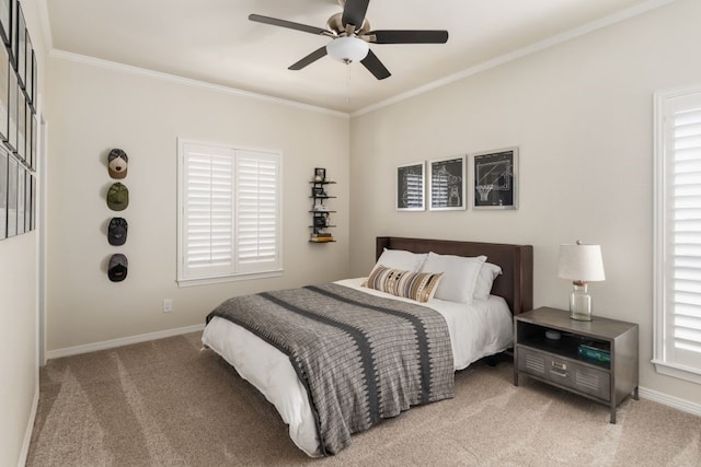 156 Stoneleigh Dr, Heath, TX 75032 - bedroom featuring light colored carpet, ornamental molding, baseboards, and a ceiling fan