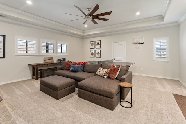 156 Stoneleigh Dr, Heath, TX 75032 - living room featuring a raised ceiling, ceiling fan, crown molding, carpet, and baseboards