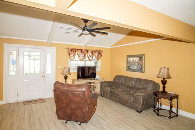 9613 Royalton Dr, Shreveport, LA 71118 - living room featuring lofted ceiling with beams, baseboards, light wood-style floors, and ceiling fan