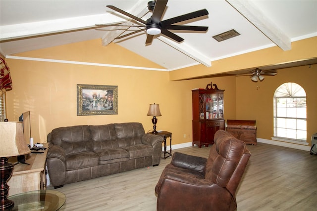 9613 Royalton Dr, Shreveport, LA 71118 - living area featuring visible vents, a ceiling fan, wood finished floors, baseboards, and vaulted ceiling with beams