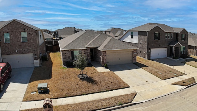 view of front of house with a residential view, brick siding, driveway, and roof with shingles
