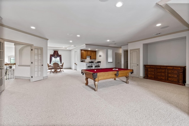 2933 N Star Dr, Celina, TX 75009 - game room featuring light colored carpet, billiards, and crown molding