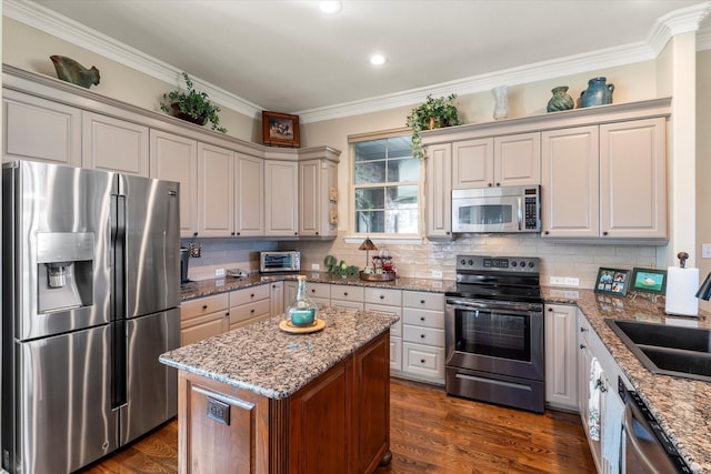 kitchen featuring a sink, backsplash, dark wood-type flooring, and appliances with stainless steel finishes