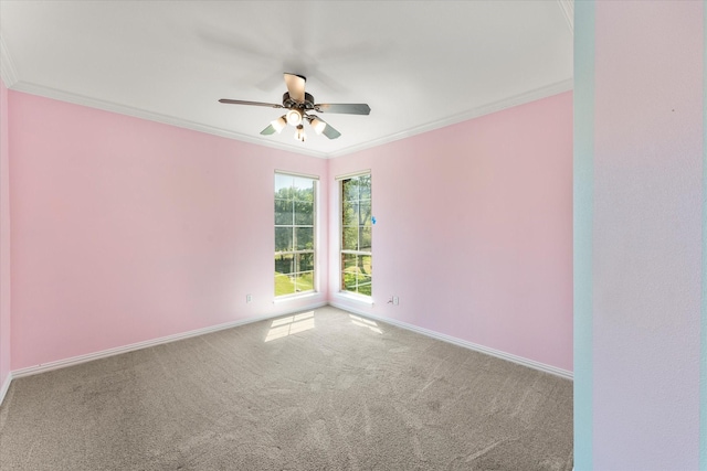 carpeted empty room featuring crown molding, a ceiling fan, and baseboards