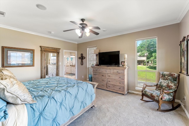 bedroom featuring baseboards, visible vents, ensuite bath, ornamental molding, and light colored carpet
