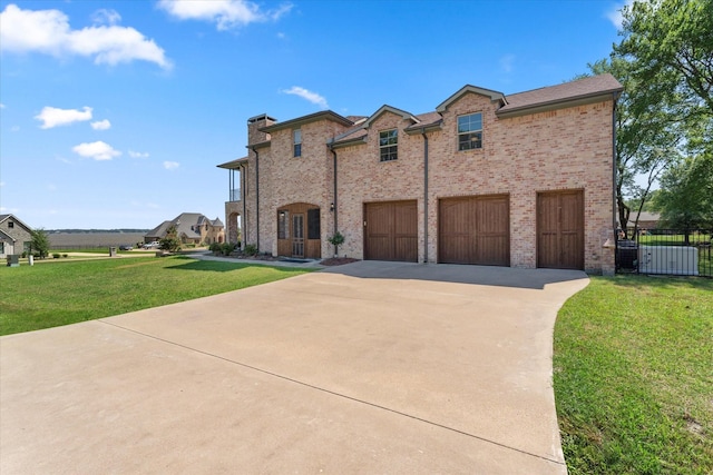 view of front of property with a front yard, fence, an attached garage, concrete driveway, and brick siding