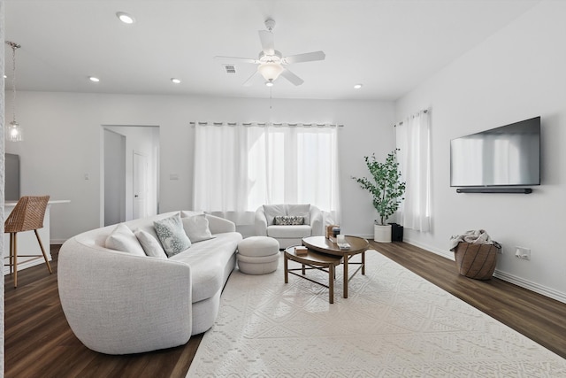1417 Horizon Way, Northlake, TX 76247 - living room with recessed lighting, baseboards, visible vents, ceiling fan, and wood finished floors