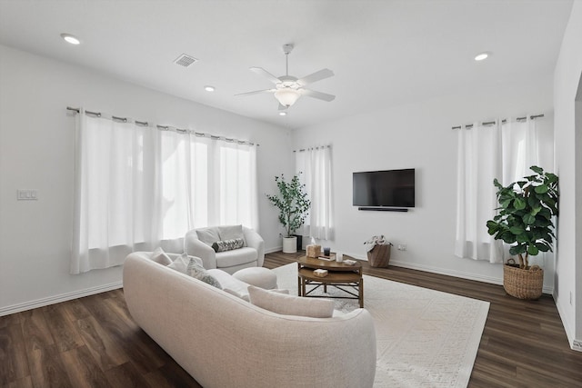 1417 Horizon Way, Northlake, TX 76247 - living area featuring a ceiling fan, baseboards, and dark wood finished floors
