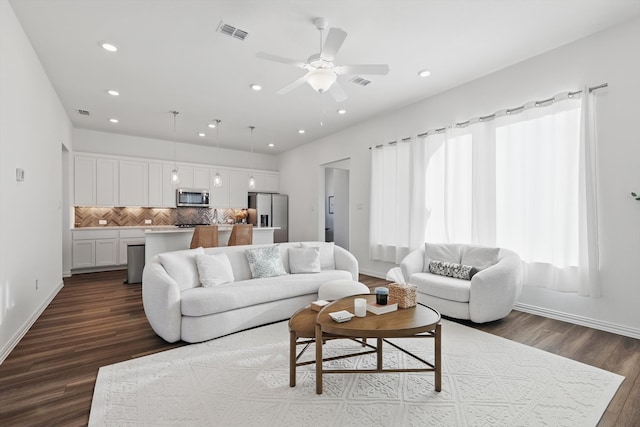 1417 Horizon Way, Northlake, TX 76247 - living area featuring baseboards, ceiling fan, dark wood finished floors, and visible vents