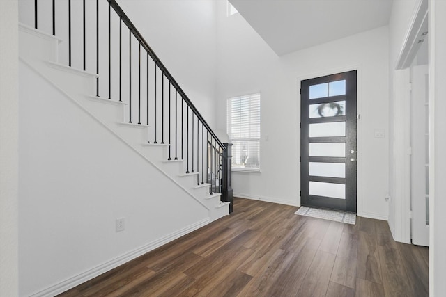 1417 Horizon Way, Northlake, TX 76247 - foyer entrance featuring stairway, dark wood-style flooring, a high ceiling, and baseboards