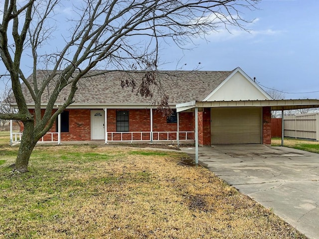 ranch-style house featuring a porch, concrete driveway, a shingled roof, a garage, and brick siding