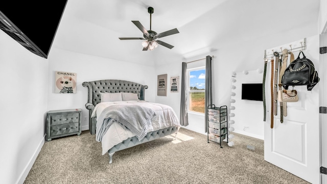 bedroom with carpet flooring, ceiling fan, and baseboards