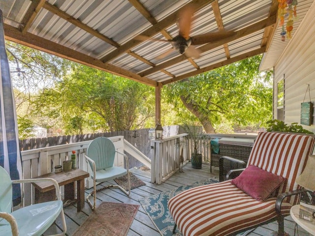 932 Williams St, Rockwall, TX 75087 - wooden deck featuring a ceiling fan and a fenced backyard