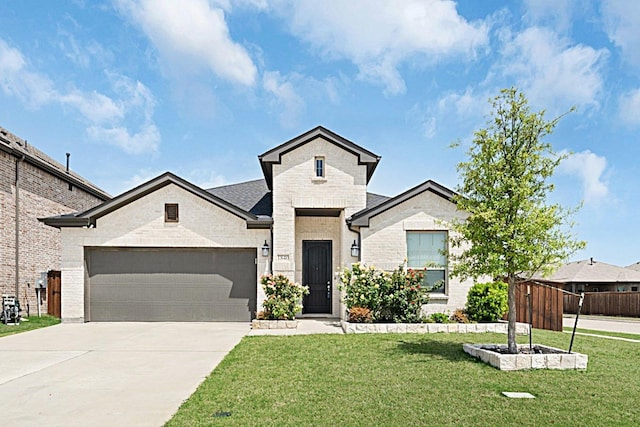 french country home featuring a front lawn, brick siding, driveway, and a garage
