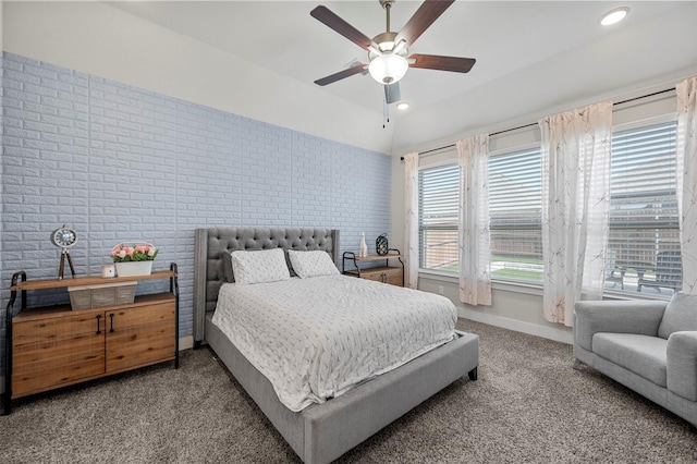 1840 Big Spring Dr, Forney, TX 75126 - carpeted bedroom featuring brick wall, recessed lighting, and a ceiling fan