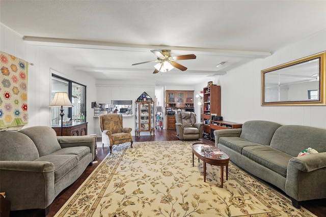 3433 Lawndale Ave, Fort Worth, TX 76133 - living room featuring beamed ceiling, wood finished floors, visible vents, and ceiling fan