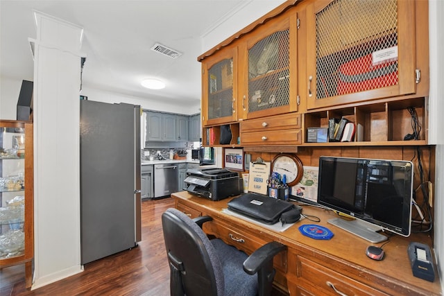 3433 Lawndale Ave, Fort Worth, TX 76133 - home office featuring visible vents, built in study area, and dark wood-style flooring