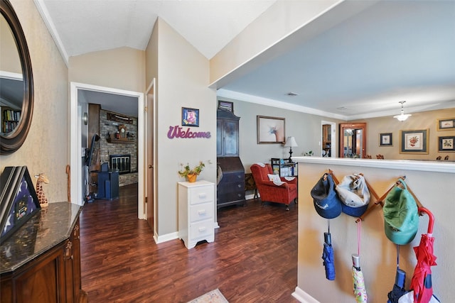 3433 Lawndale Ave, Fort Worth, TX 76133 - interior space featuring visible vents, baseboards, dark wood-style flooring, and vaulted ceiling