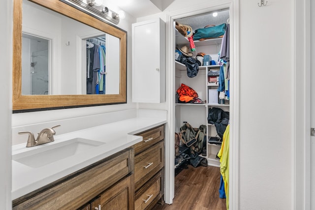 18341 Shore Dr, Kemp, TX 75143 - bathroom with vanity, a walk in closet, and wood finished floors