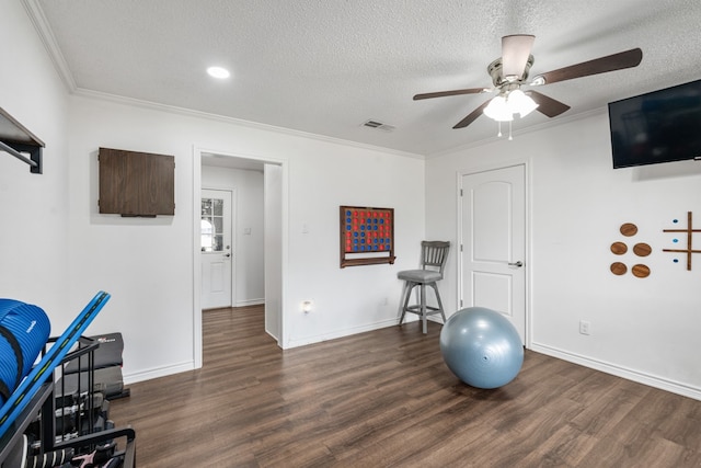 18341 Shore Dr, Kemp, TX 75143 - workout area featuring crown molding, a ceiling fan, wood finished floors, and visible vents