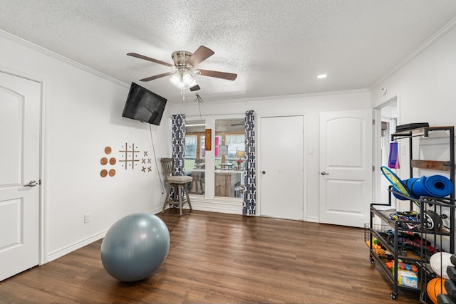 18341 Shore Dr, Kemp, TX 75143 - exercise room with ornamental molding, a textured ceiling, ceiling fan, and wood finished floors
